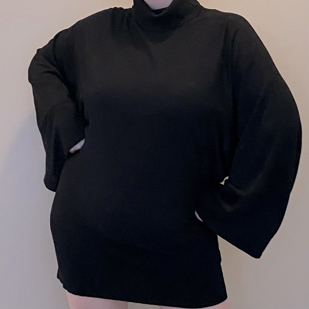 BIANCA NYGÅRD black sweater dress, turtleneck, batwing/dolman sleeves. XL-Vtg